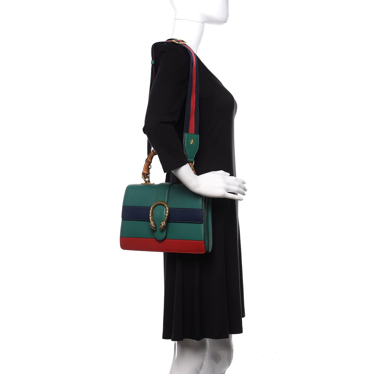 Moon Calfskin Web Medium Dionysus Bamboo Top Handle Bag Emerald Blue Hibiscus Red