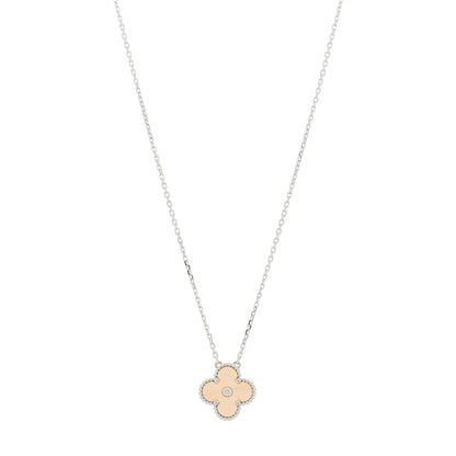 Van Cleef & Arpels 18K White Rose Gold Diamond Guilloche Vintage Alhambra Pendant Necklace 1 of 5