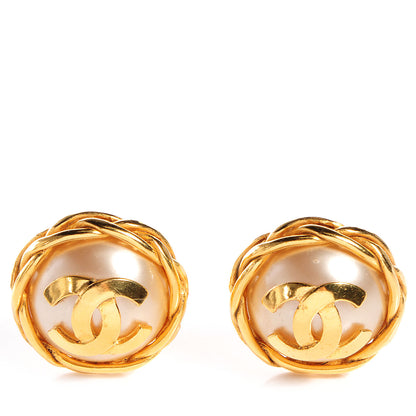 Chanel Faux Pearl Gold CC Clip On Earrings 1 of 12