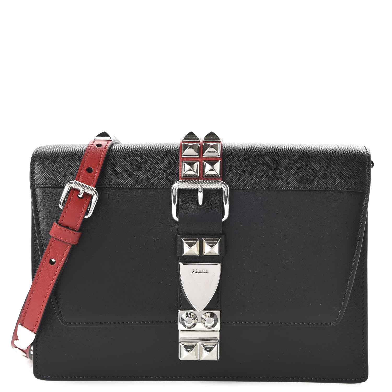 Prada Saffiano City Calfskin Studded Large Elektra Shoulder Bag Black Fuoco 1 of 9