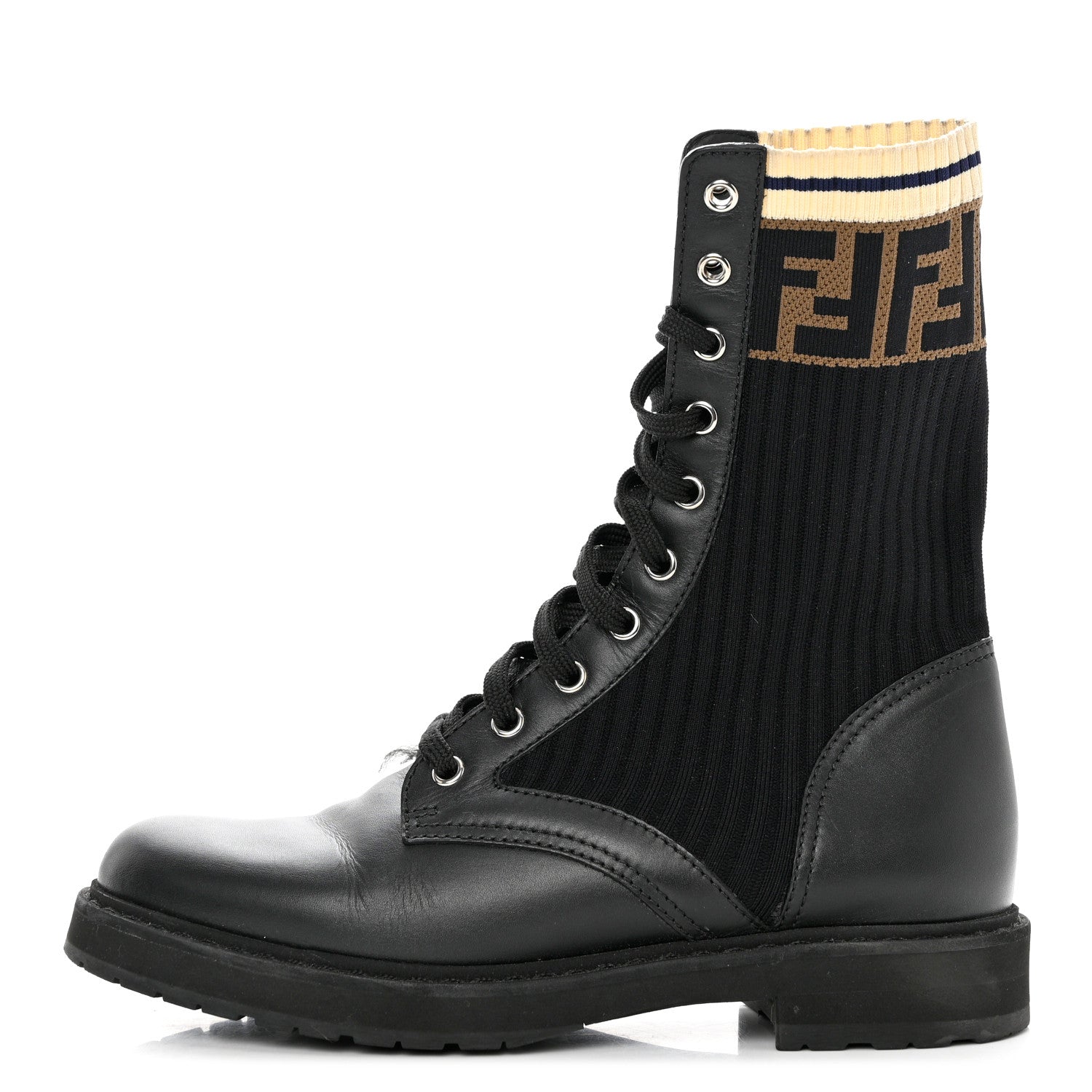 Fendi Calfskin Stretch Fabric Rockoko Biker Boots 38 Tobacco Black Marino 1 of 8