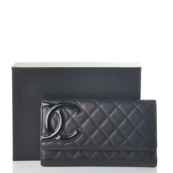 Calfskin Quilted Cambon Tri-Fold Wallet Black