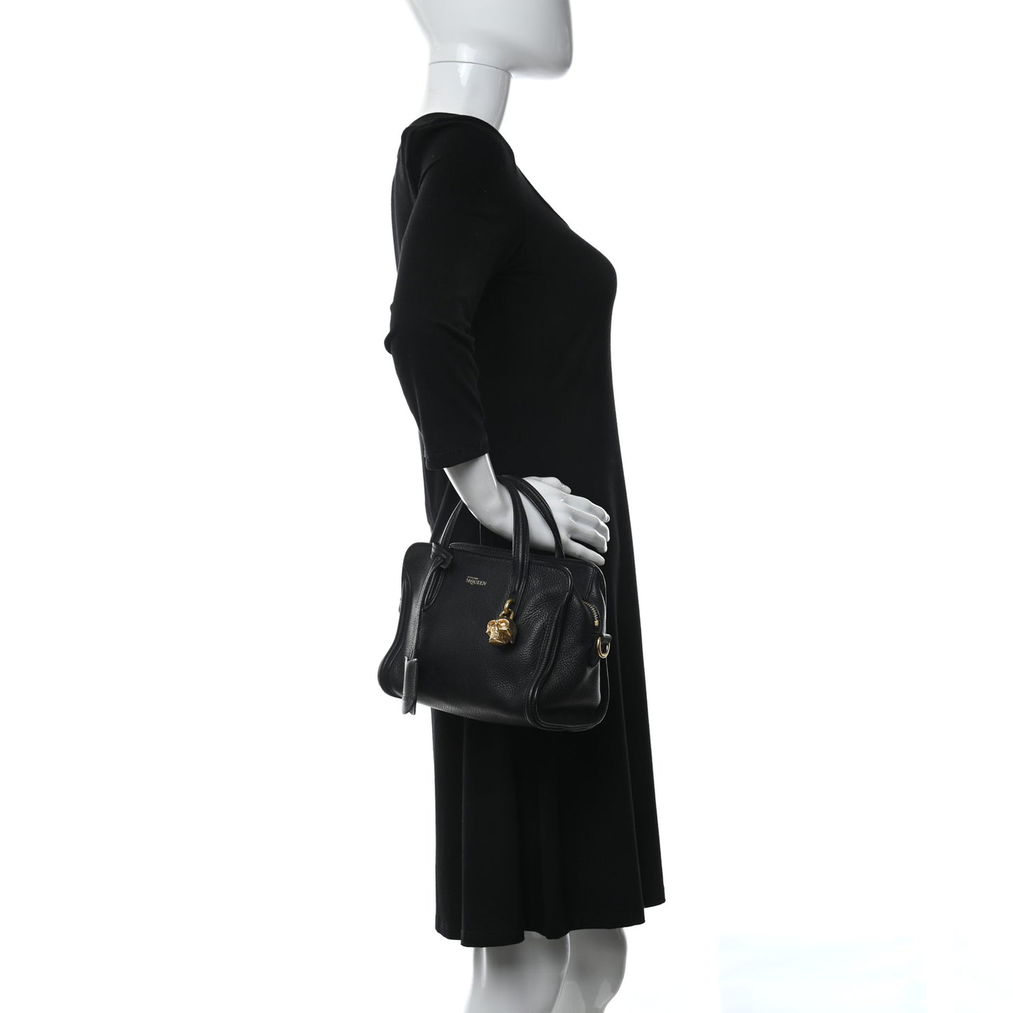 Pebbled Calfskin Mini Skull Padlock Zip Around Tote Black