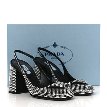 Prada Satin Crystal Logo Block Heel 75mm Slingback Pumps 37 Cristal 13 of 13