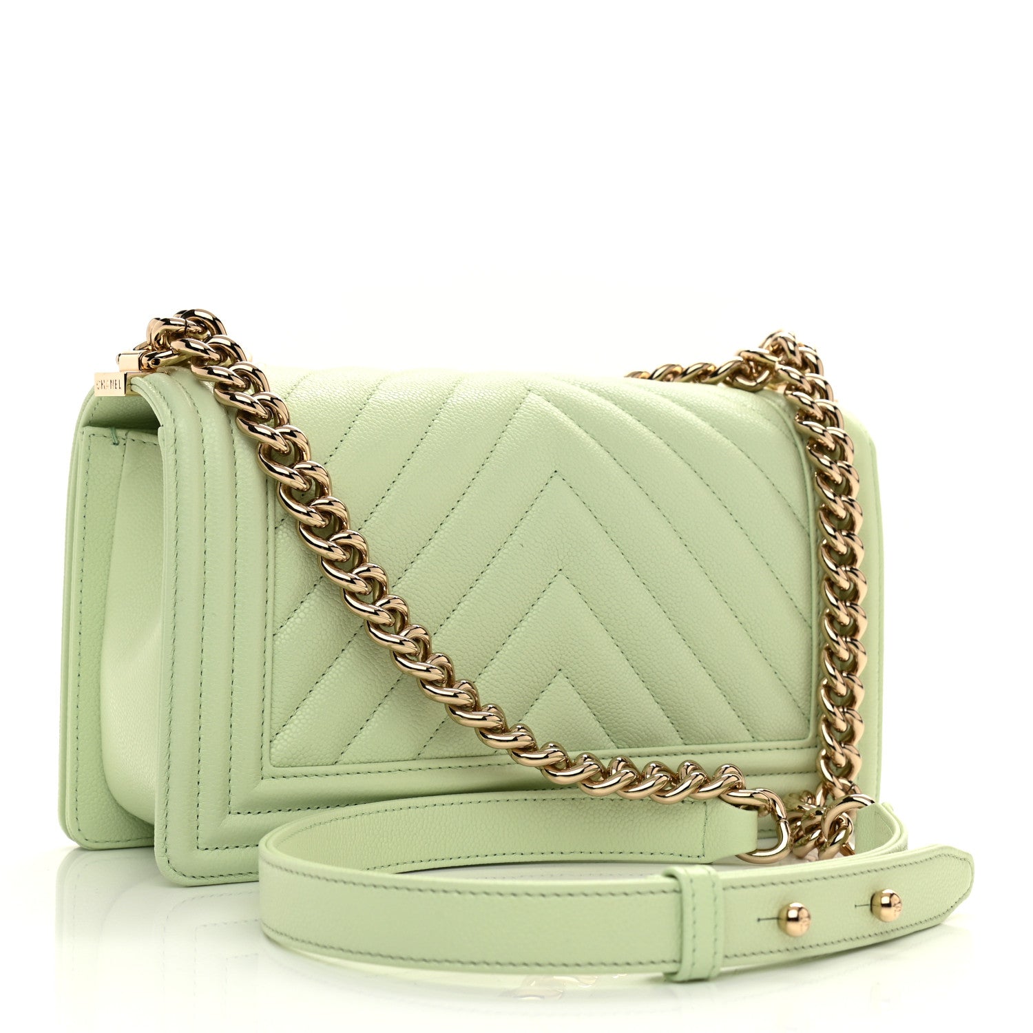 Chanel Caviar Chevron Quilted Medium Boy Flap Light Green 3 of 11