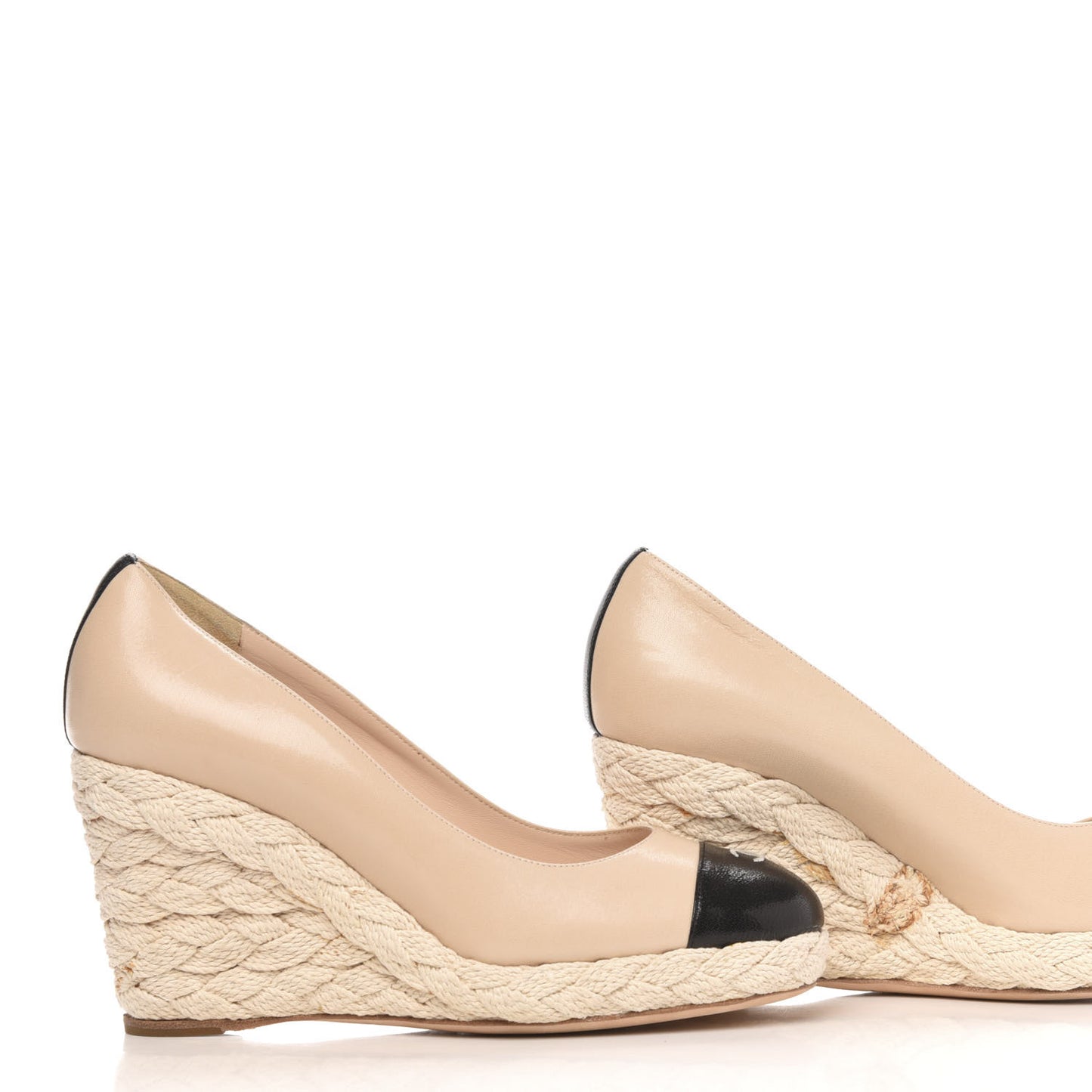 Lambskin Cap Toe CC Espadrille Wedge Pumps 41 Light Pink Black