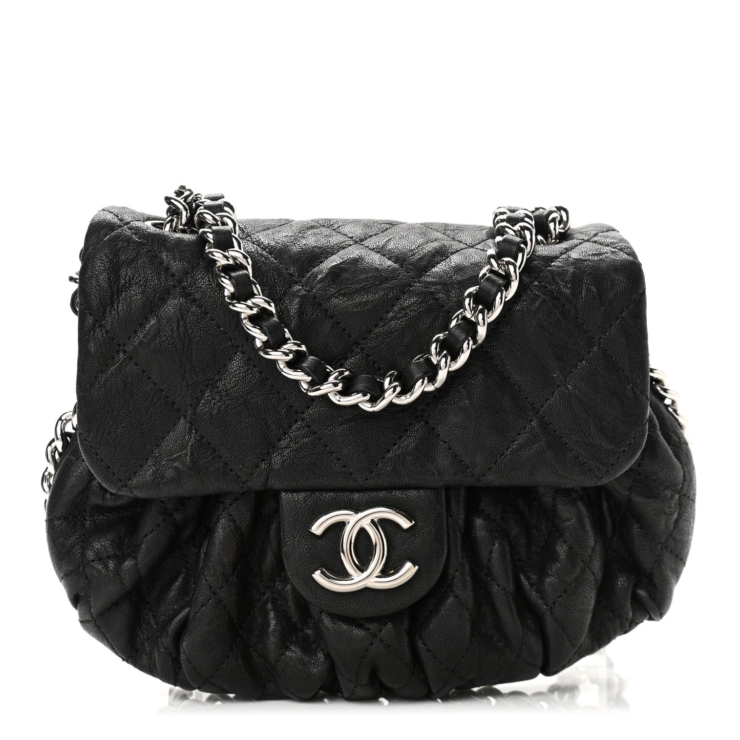 Washed Lambskin Quilted Medium Chain Around Flap Black
