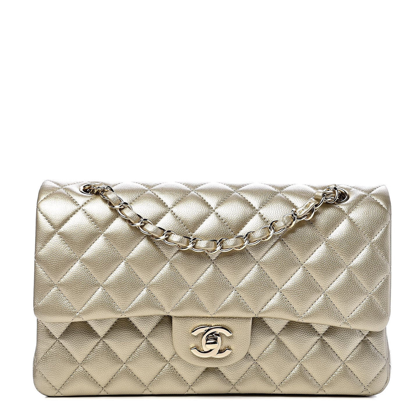 Metallic Caviar Quilted Medium Double Flap Gold