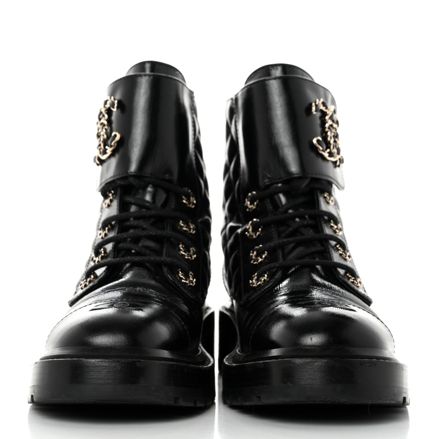 Shiny Calfskin Quilted Lace Up Combat Boots 39 Black
