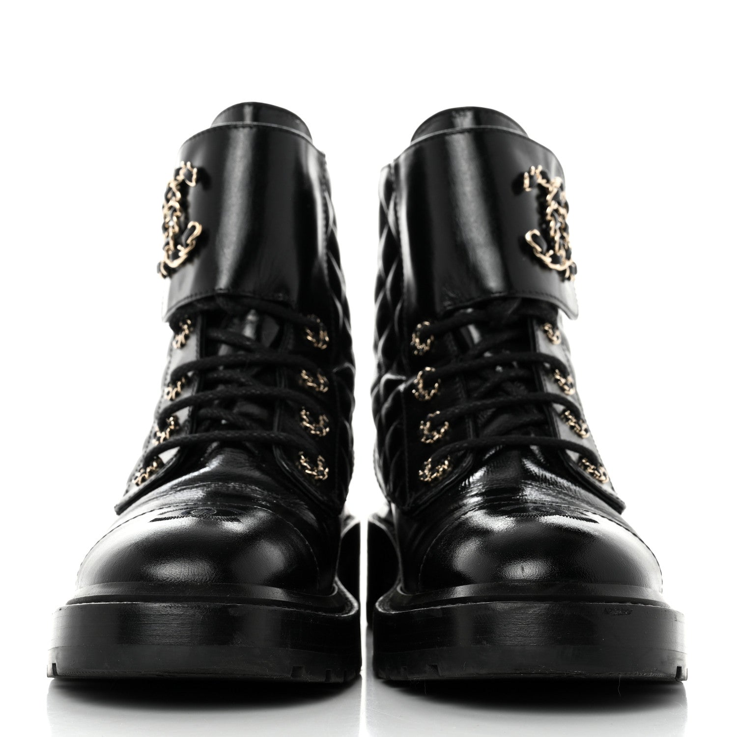 Chanel Shiny Calfskin Quilted Lace Up Combat Boots 39 Black 2 of 9