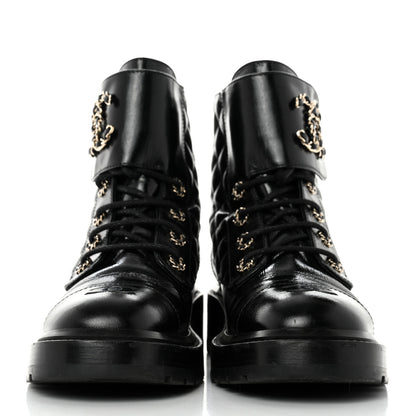 Chanel Shiny Calfskin Quilted Lace Up Combat Boots 39 Black 2 of 9