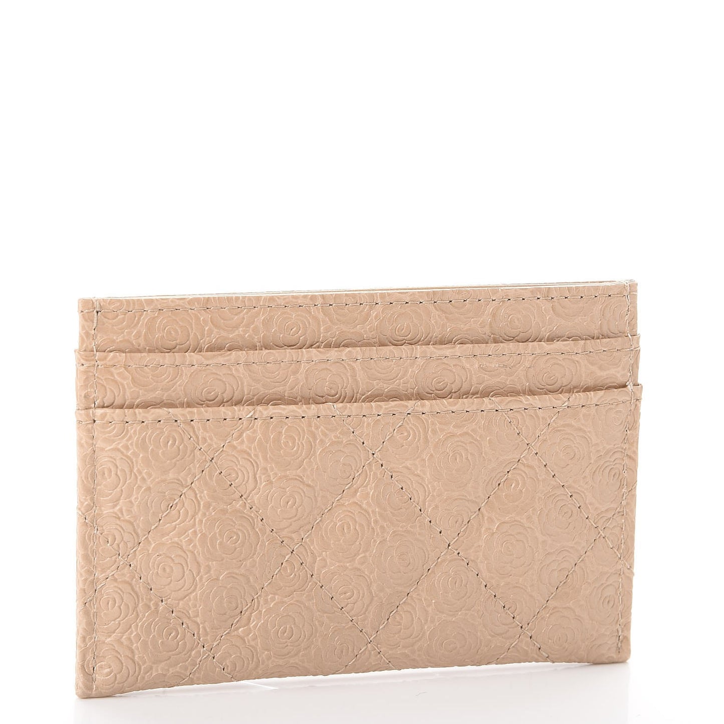 Camellia Calfskin Embossed Quilted Card Holder Beige
