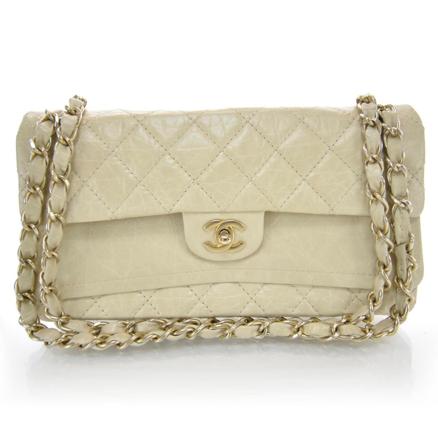 Aged Calfskin Medium Double Flap Beige