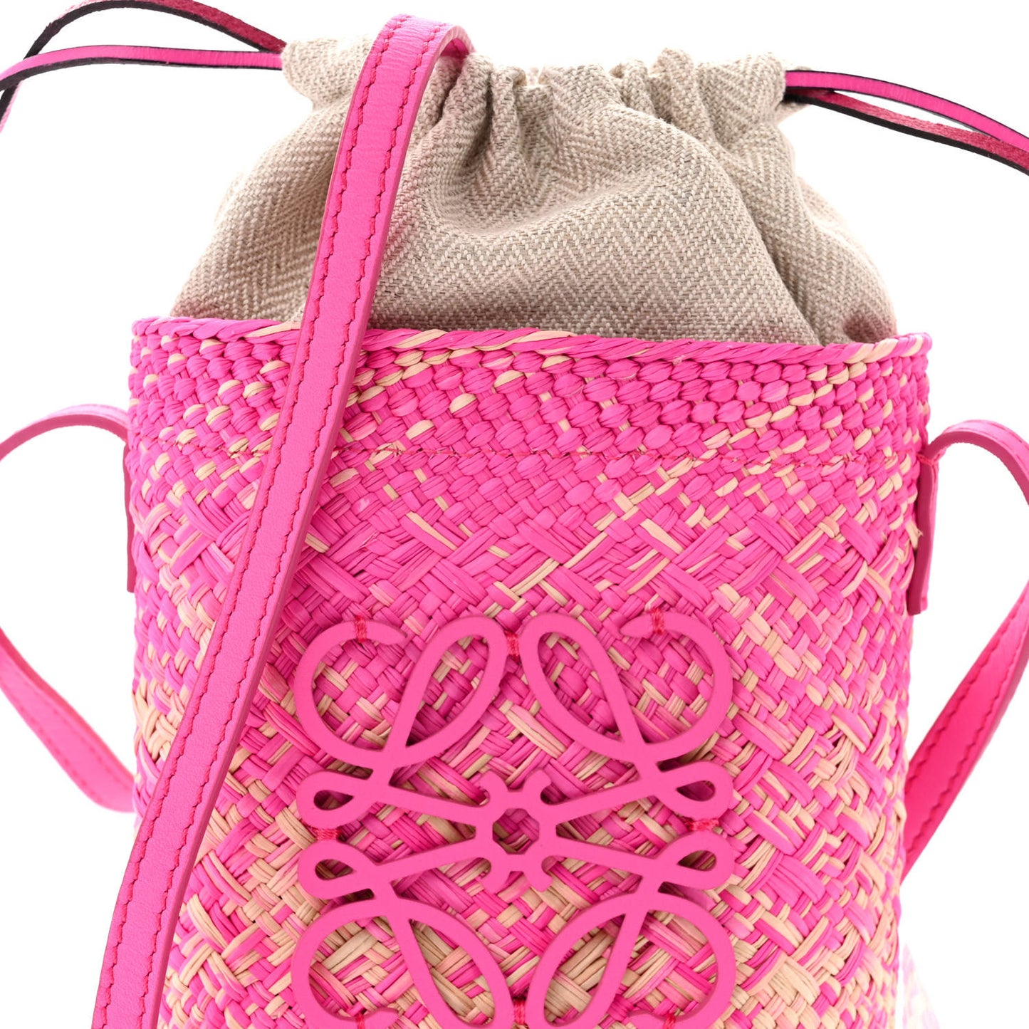 Iraca Palm Calfskin Anagram Square Pocket Bucket Bag Natural Fuchsia