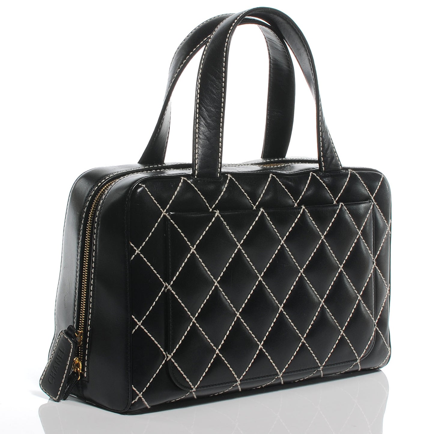 Leather Diamond Stitch Surpique Handbag Black
