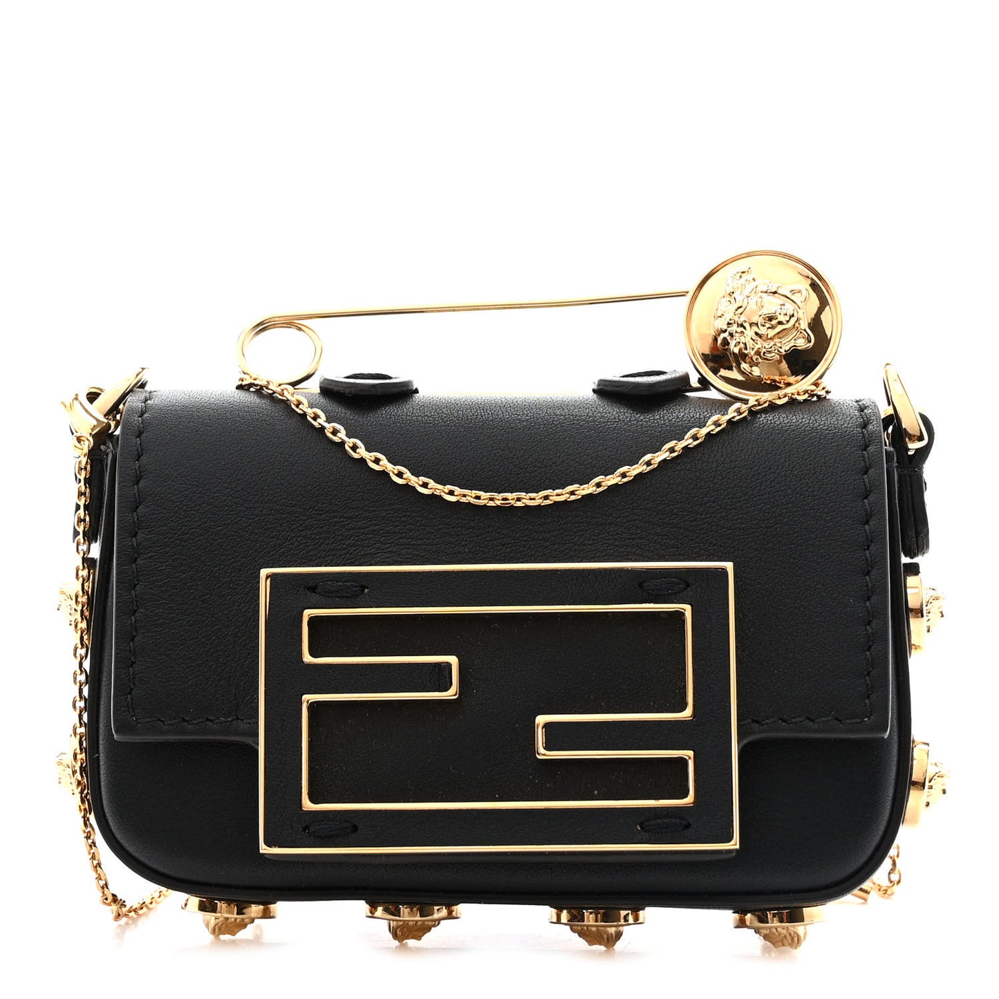 X VERSACE Vitello Seta Fendace Studded Nano Brooch Baguette Black