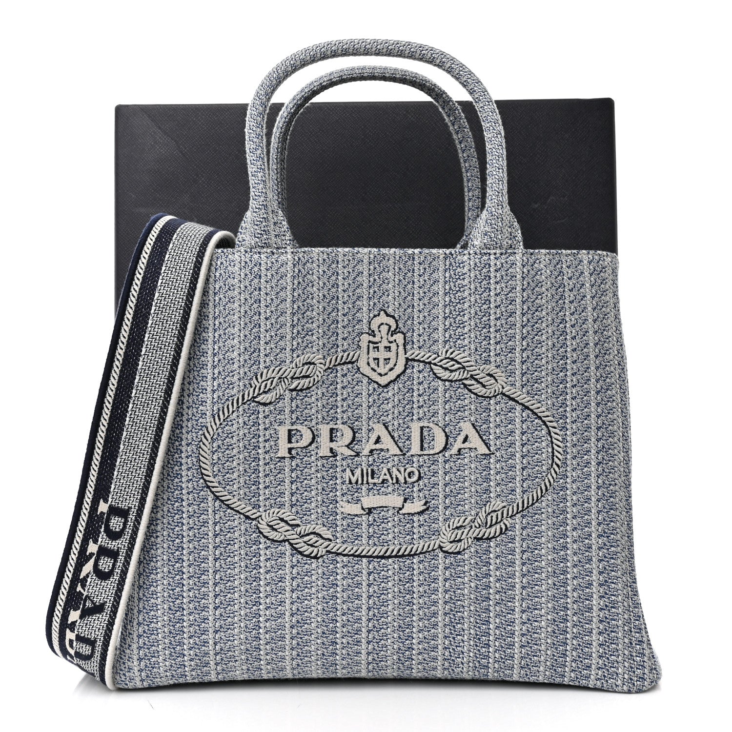 Prada Jacquard Logo Embroidered Medium Tote Baltico Talco 11 of 11
