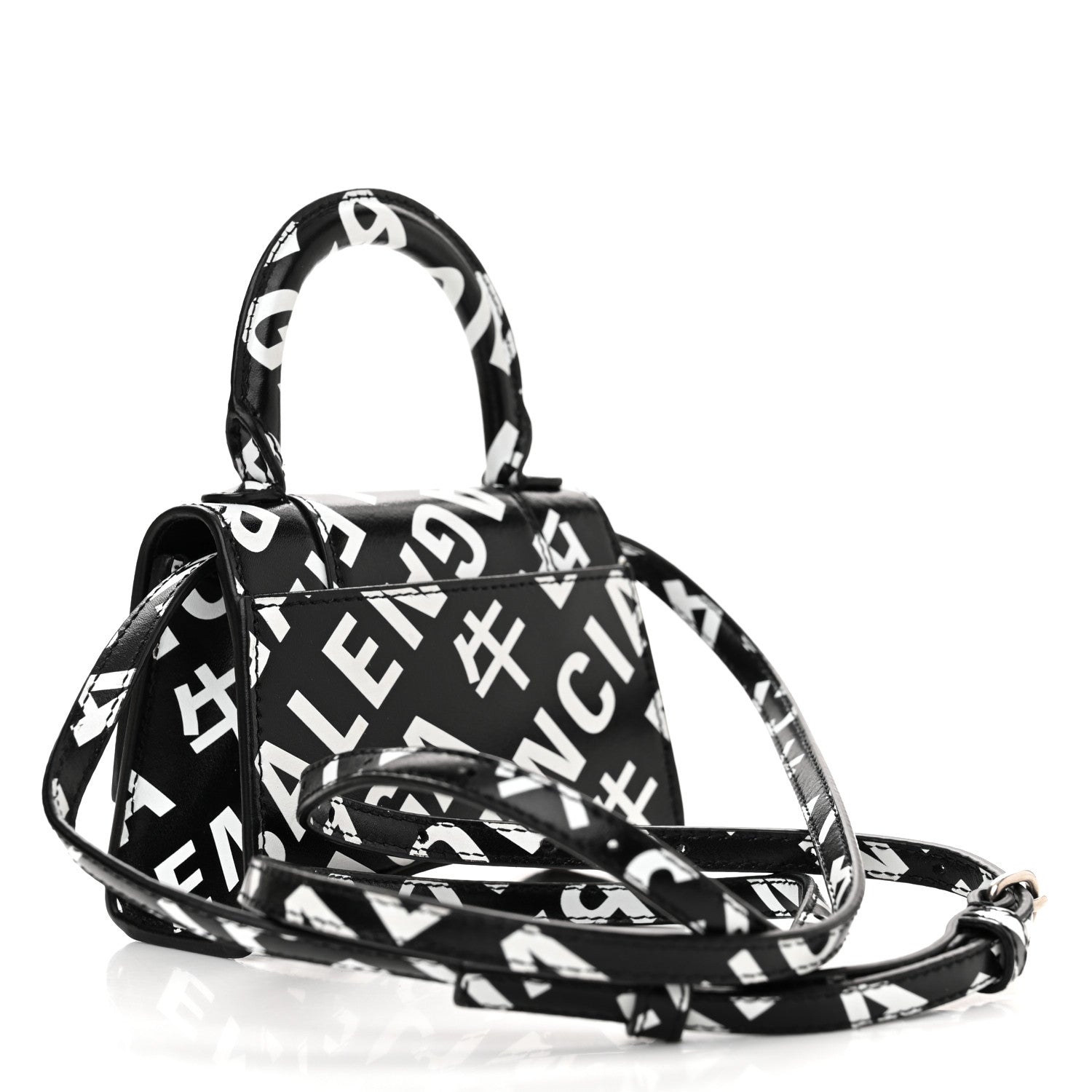 Balenciaga Smooth Calfskin Allover Logo Print Hourglass Top Handle Bag Mini Black White 3 of 11