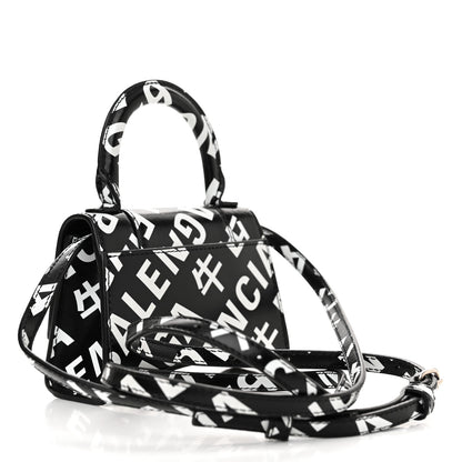 Balenciaga Smooth Calfskin Allover Logo Print Hourglass Top Handle Bag Mini Black White 3 of 11