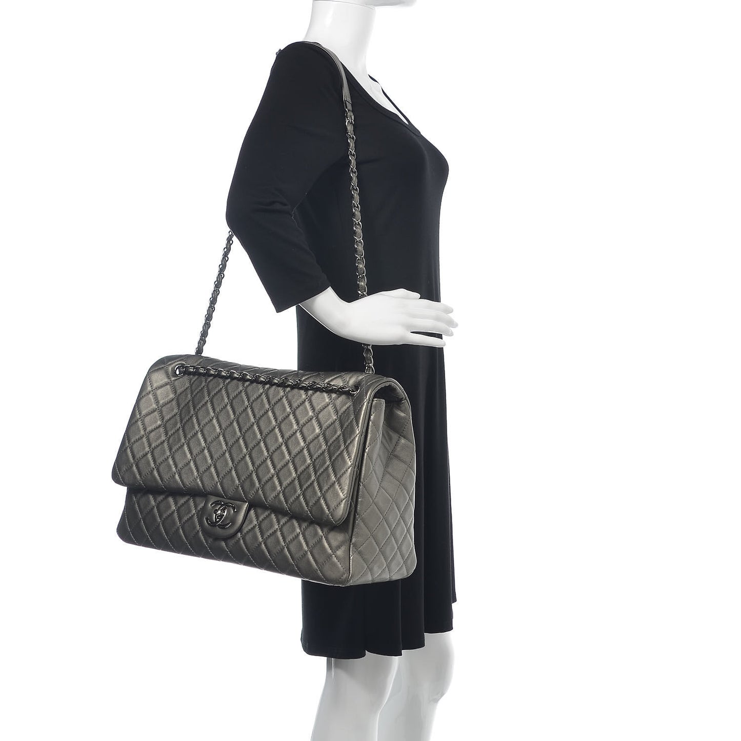 Metallic Calfskin Quilted XXL Travel Flap Bag Dark Silver