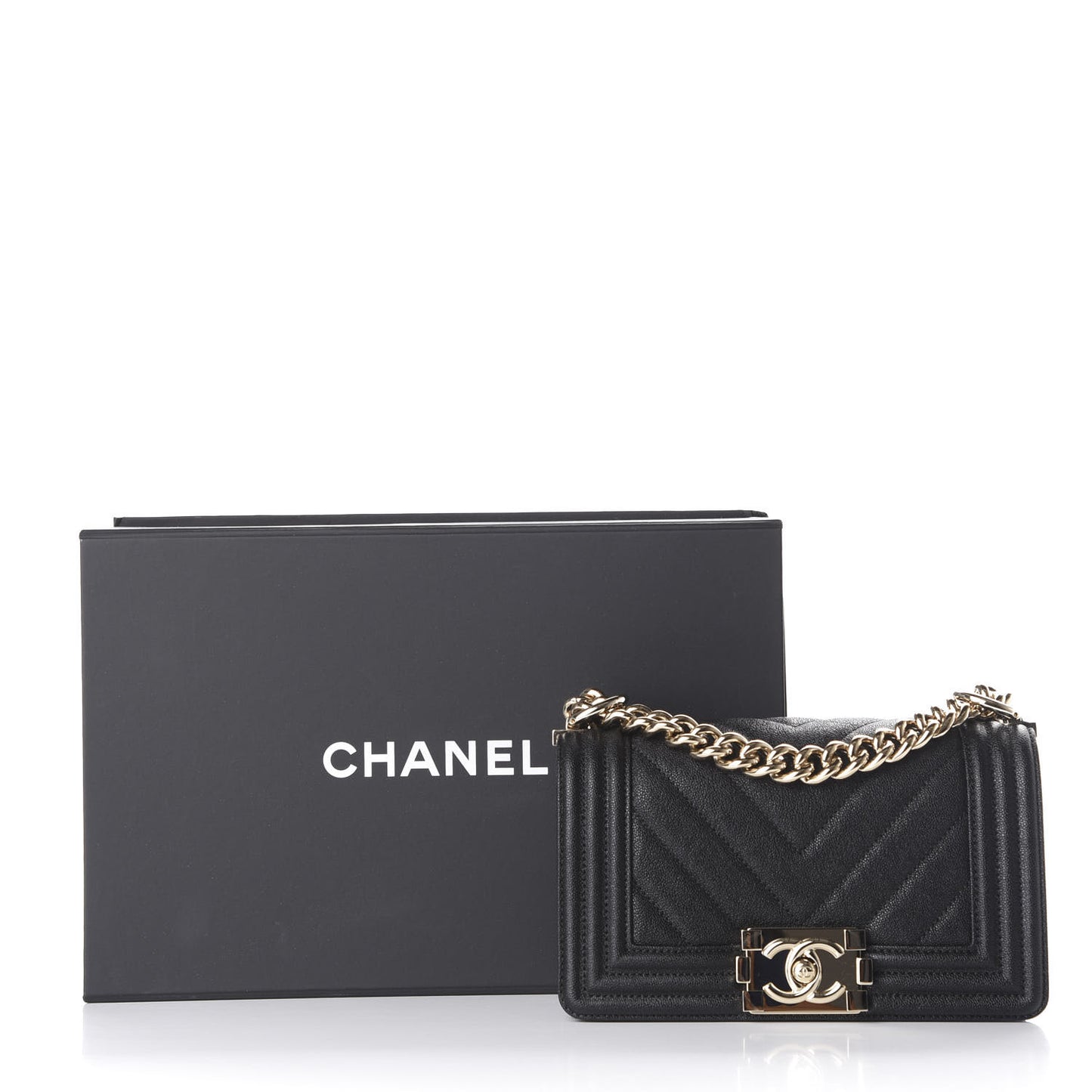 Caviar Chevron Quilted Small Boy Flap Black