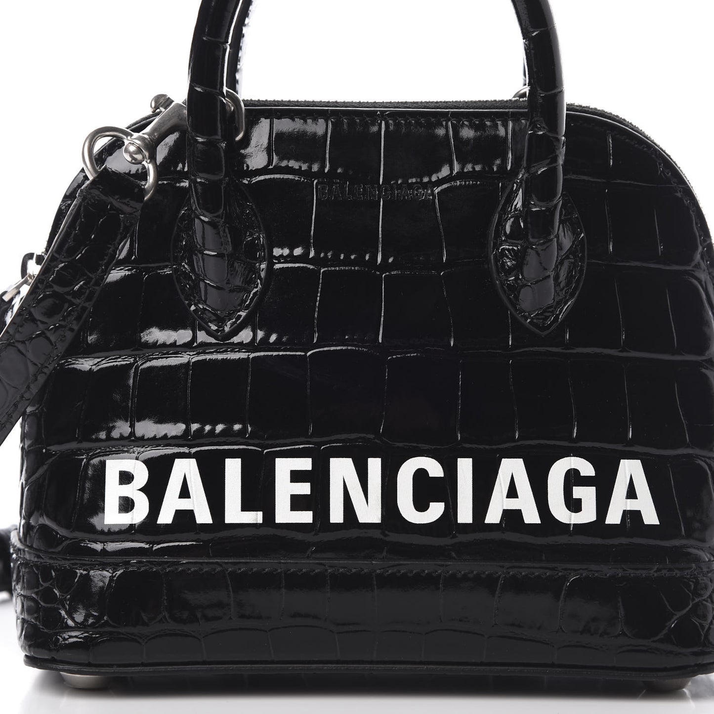 Shiny Calfskin Logo Crocodile Embossed XXS Ville Top Handle Bag Black White