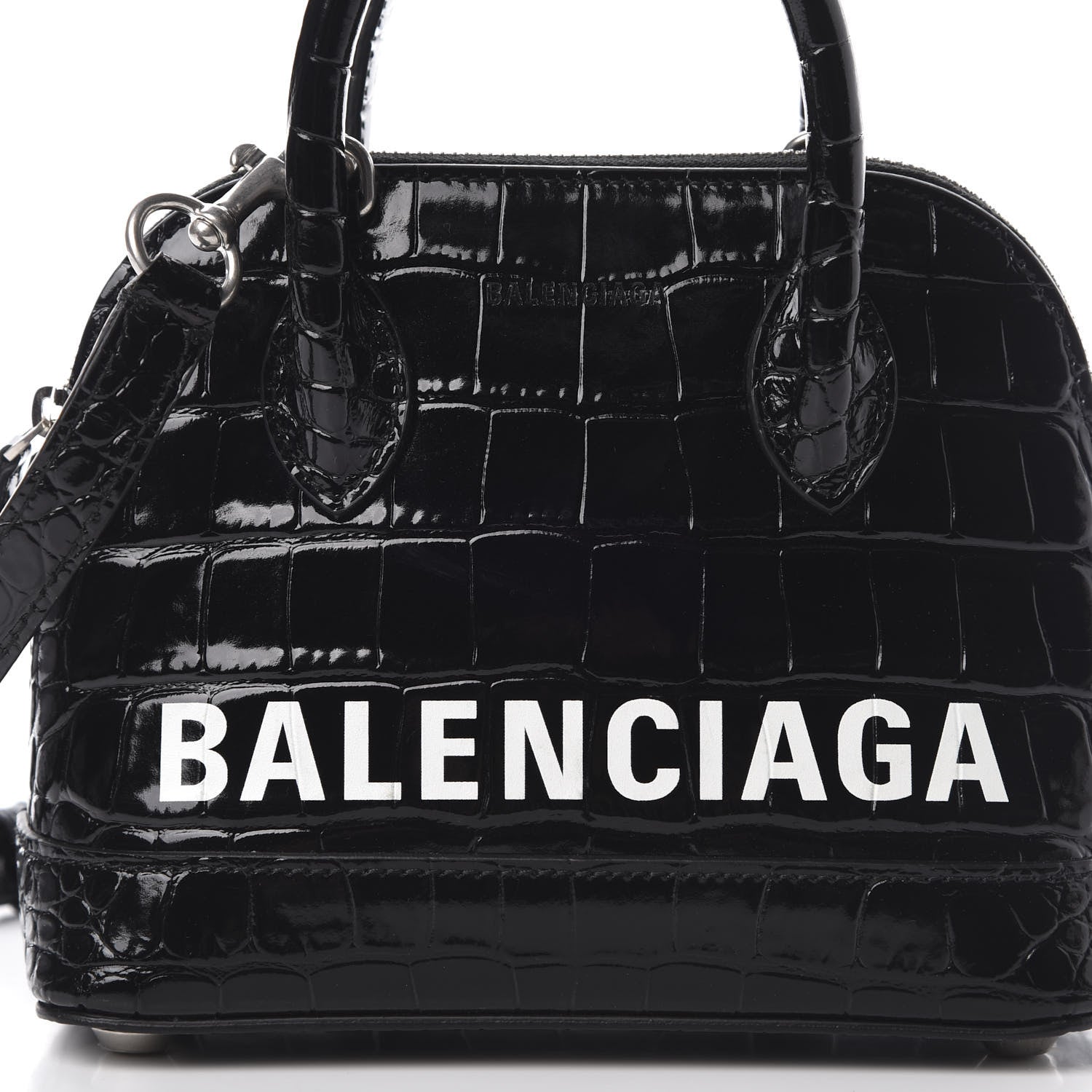 Balenciaga Shiny Calfskin Logo Crocodile Embossed XXS Ville Top Handle Bag Black White 9 of 11