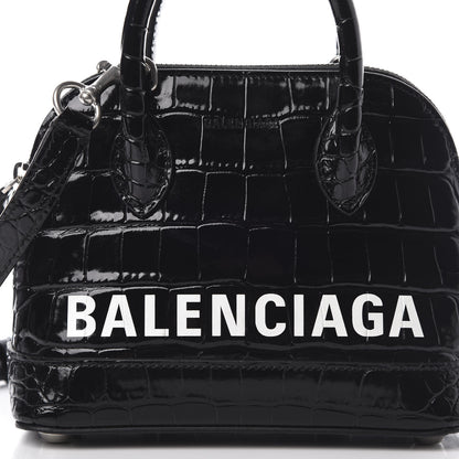 Balenciaga Shiny Calfskin Logo Crocodile Embossed XXS Ville Top Handle Bag Black White 9 of 11