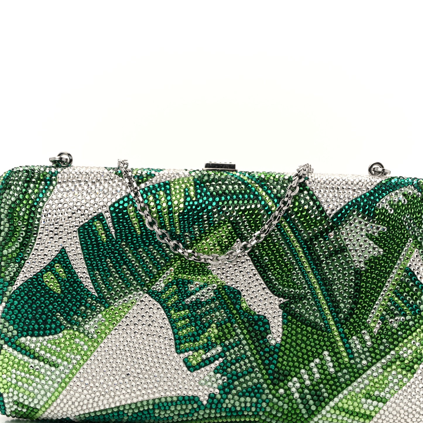 Crystal Tropic Banana Leaves Minaudiere Clutch Green Silver