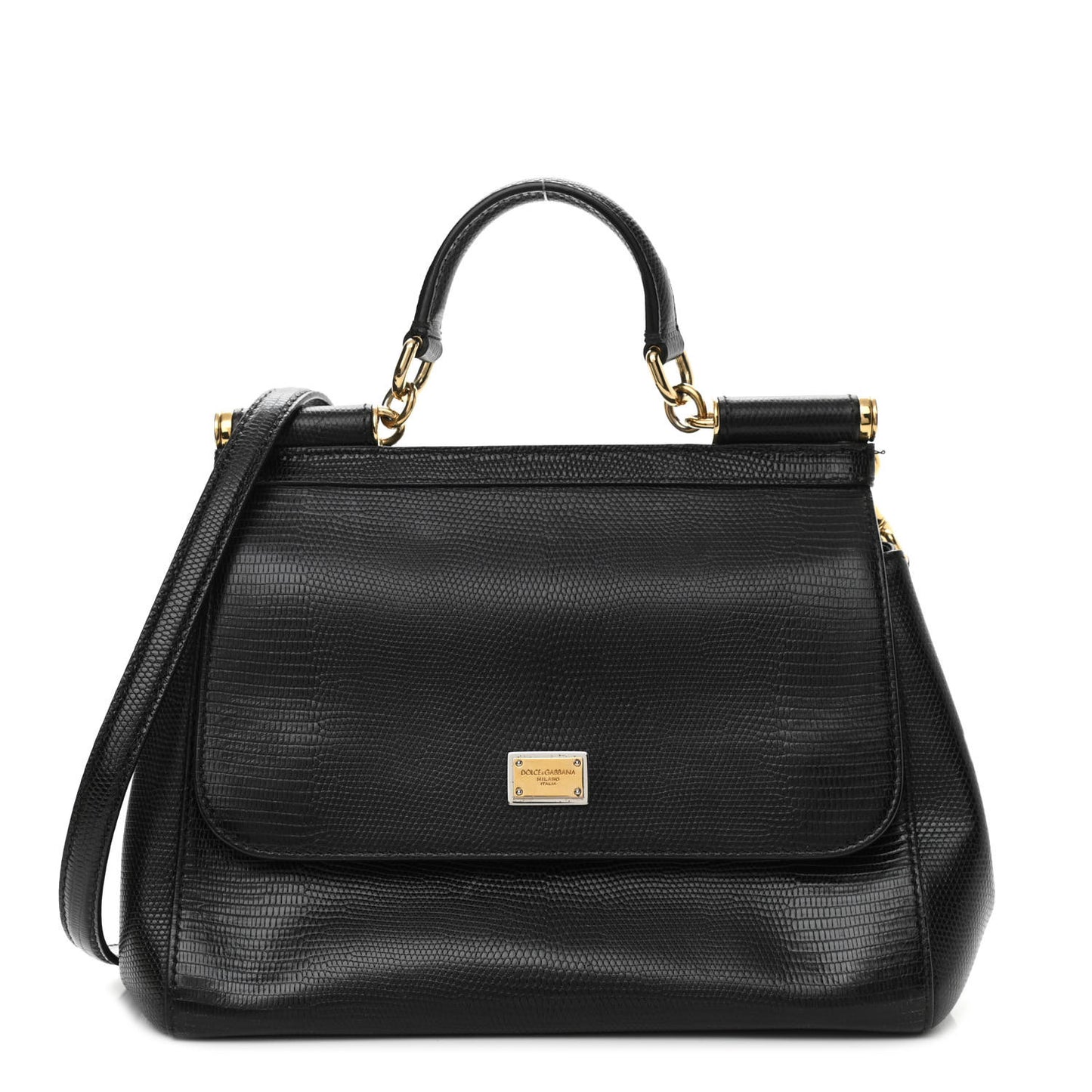 Iguana Calfskin Embossed Medium Miss Sicily Satchel Black