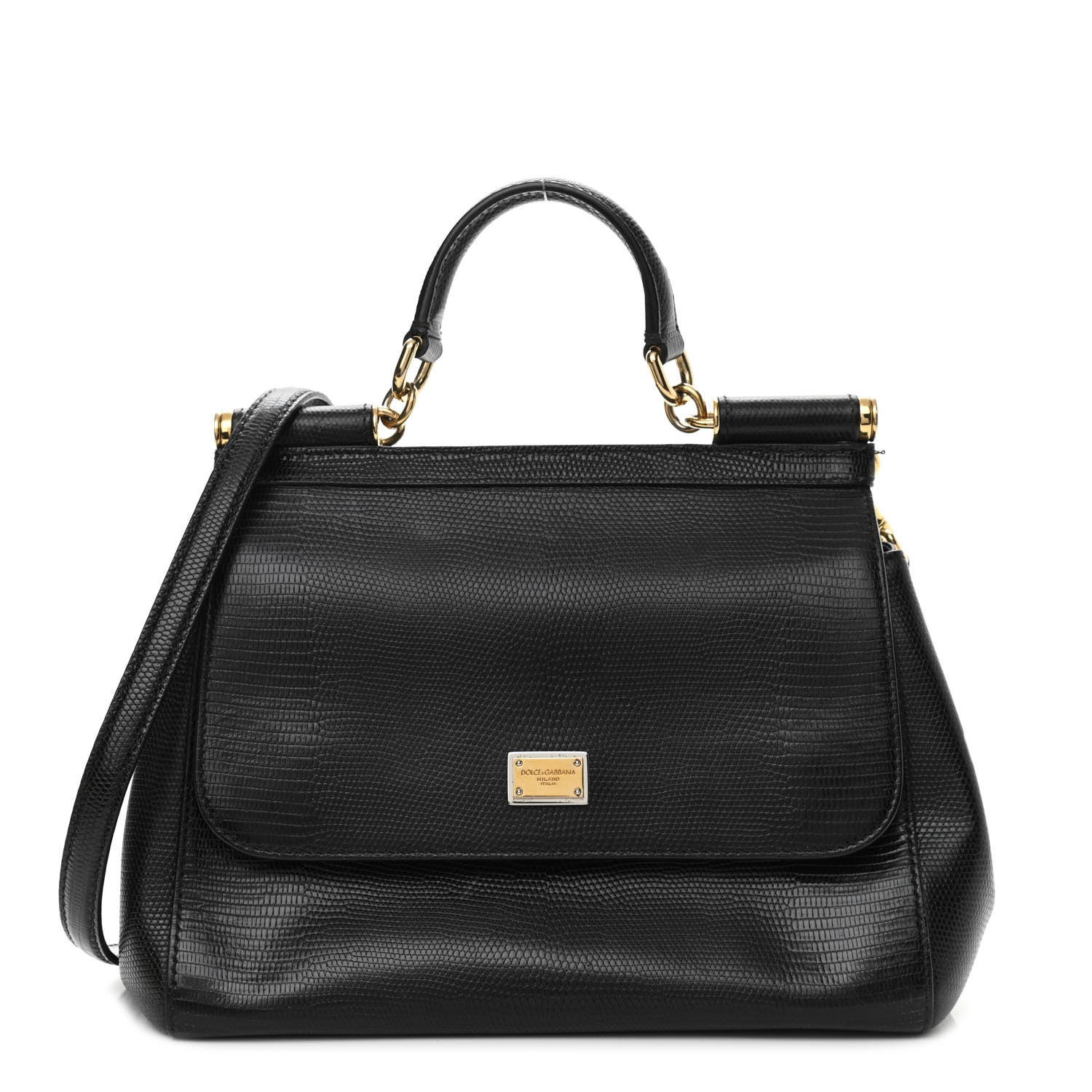 Dolce & Gabbana Iguana Calfskin Embossed Medium Miss Sicily Satchel Black 1 of 12