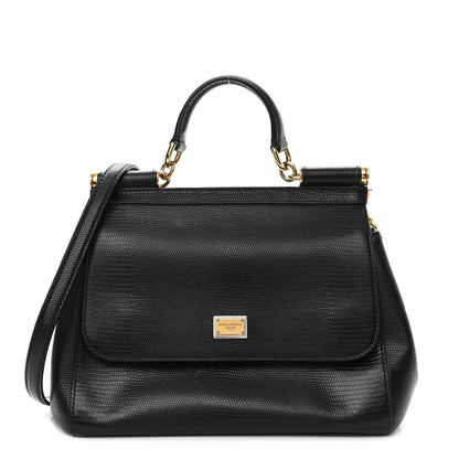 Dolce & Gabbana Iguana Calfskin Embossed Medium Miss Sicily Satchel Black 1 of 12