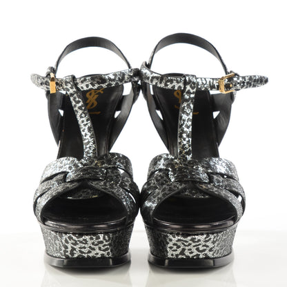 Saint Laurent Metallic Calfskin Leopard Print Tribute 105 Platform Sandals 39 Black Silver 2 of 9