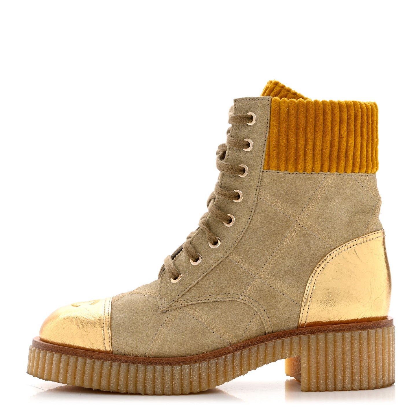 Suede Calfskin Velvet Laminated Quilted CC Combat Boots 37.5 Beige Yellow Gold