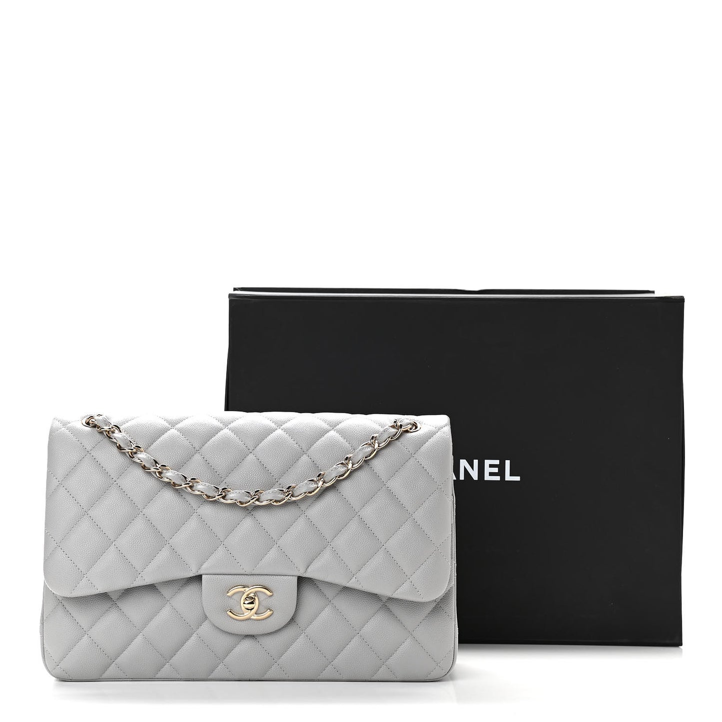 Caviar Quilted Jumbo Double Flap Grey