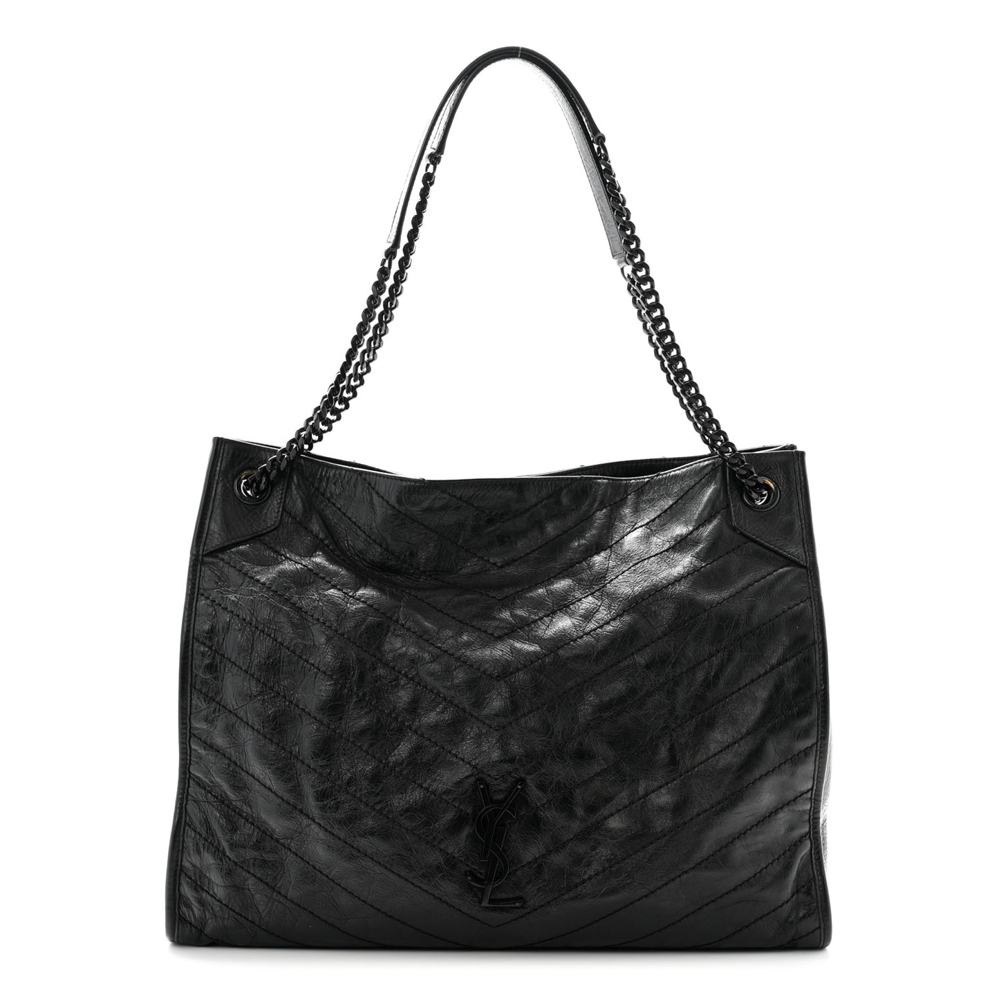 Crinkled Calfskin Matelasse Monogram Large Niki Shopper Tote Black