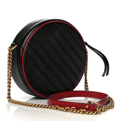 Gucci Vintage Effect Calfskin Matelasse Diagonal Mini Torchon GG Marmont Round Shoulder Bag Black Romantic Cherry 3 of 11