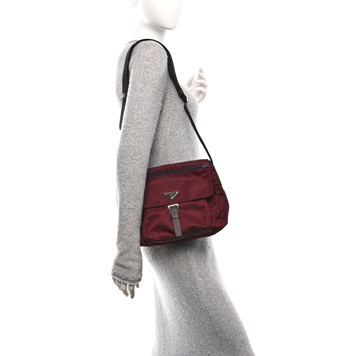 Nylon Vela Saffiano Single Buckle Messenger Shoulder Bag Bordeaux