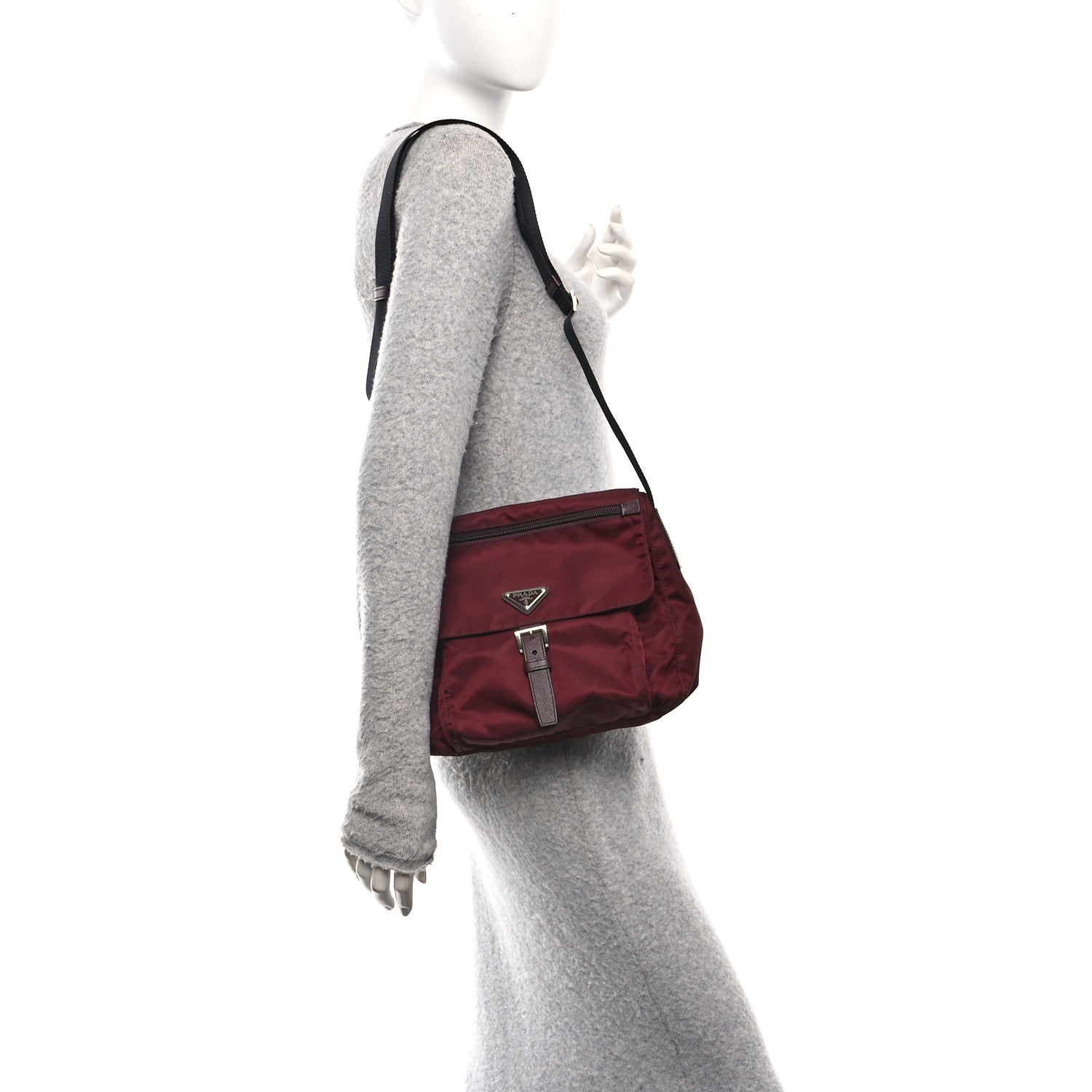 Prada Nylon Vela Saffiano Single Buckle Messenger Shoulder Bag Bordeaux 2 of 9