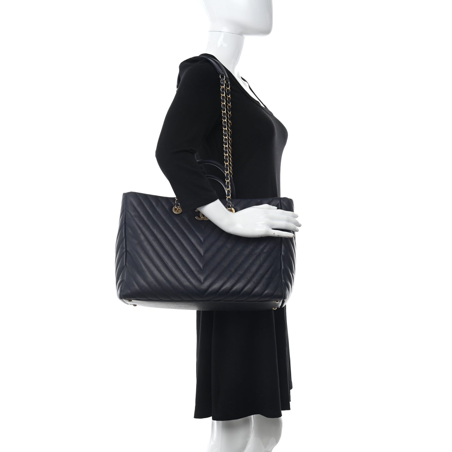 Caviar Chevron Quilted Coco Handle Shopping Tote Blue