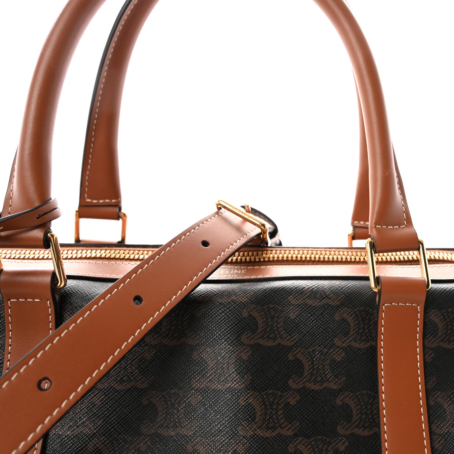 Celine Triomphe Canvas Calfskin Boston Bag Tan 8 of 10