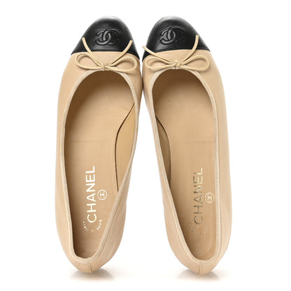 Chanel Lambskin Cap Toe CC Ballerina Flats 39.5 Beige Black 2 of 8