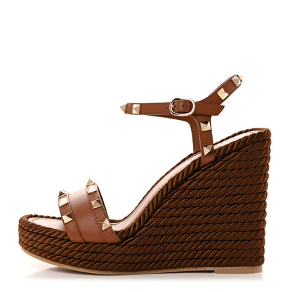 Valentino Garavani Calfskin Rockstud Torchon Espadrille 25/115mm Wedge Sandals 37 Cuoio 1 of 9