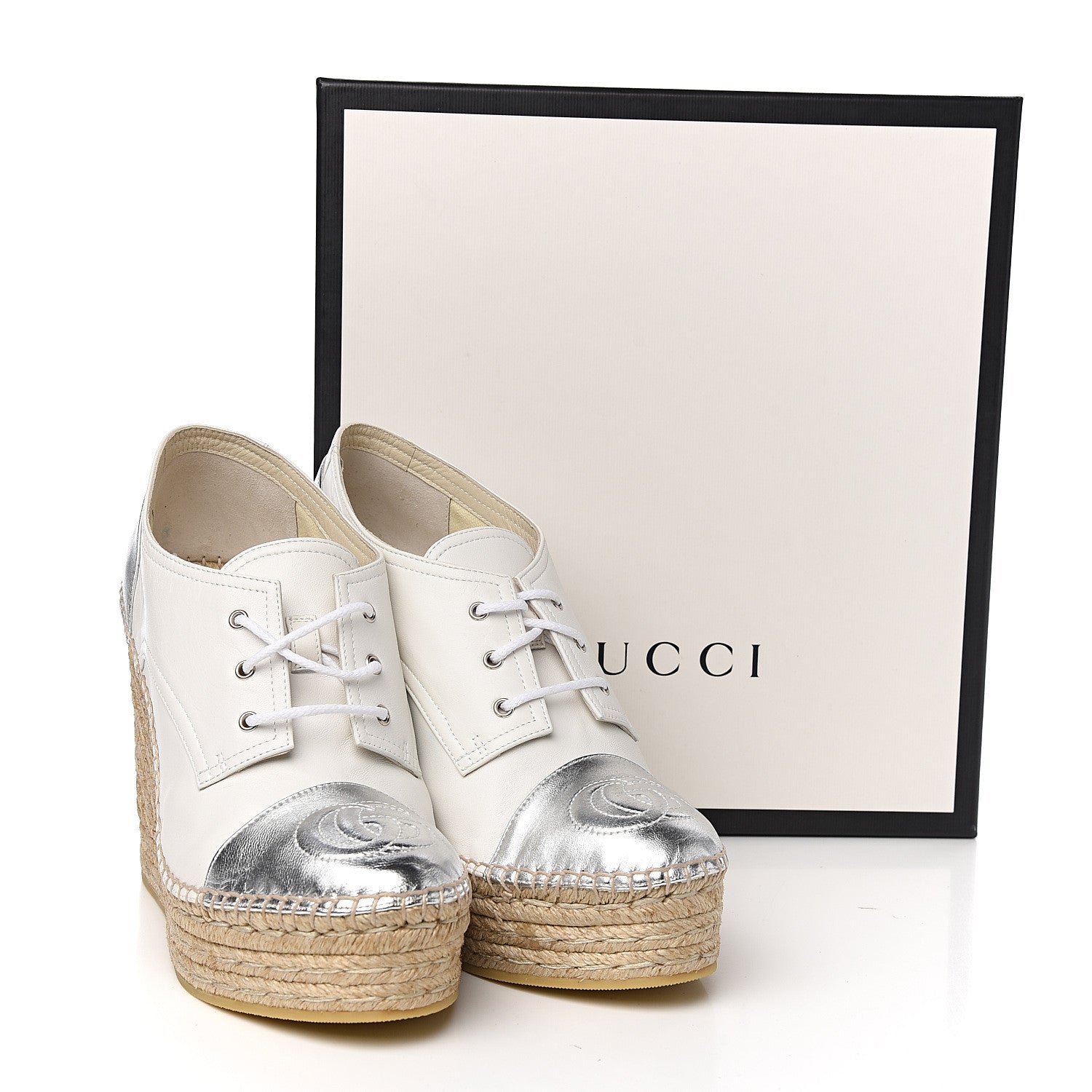 Gucci Metallic Calfskin Pilar Cap Toe Logo Espadrille Wedge Sneakers 40.5 White Silver 9 of 9