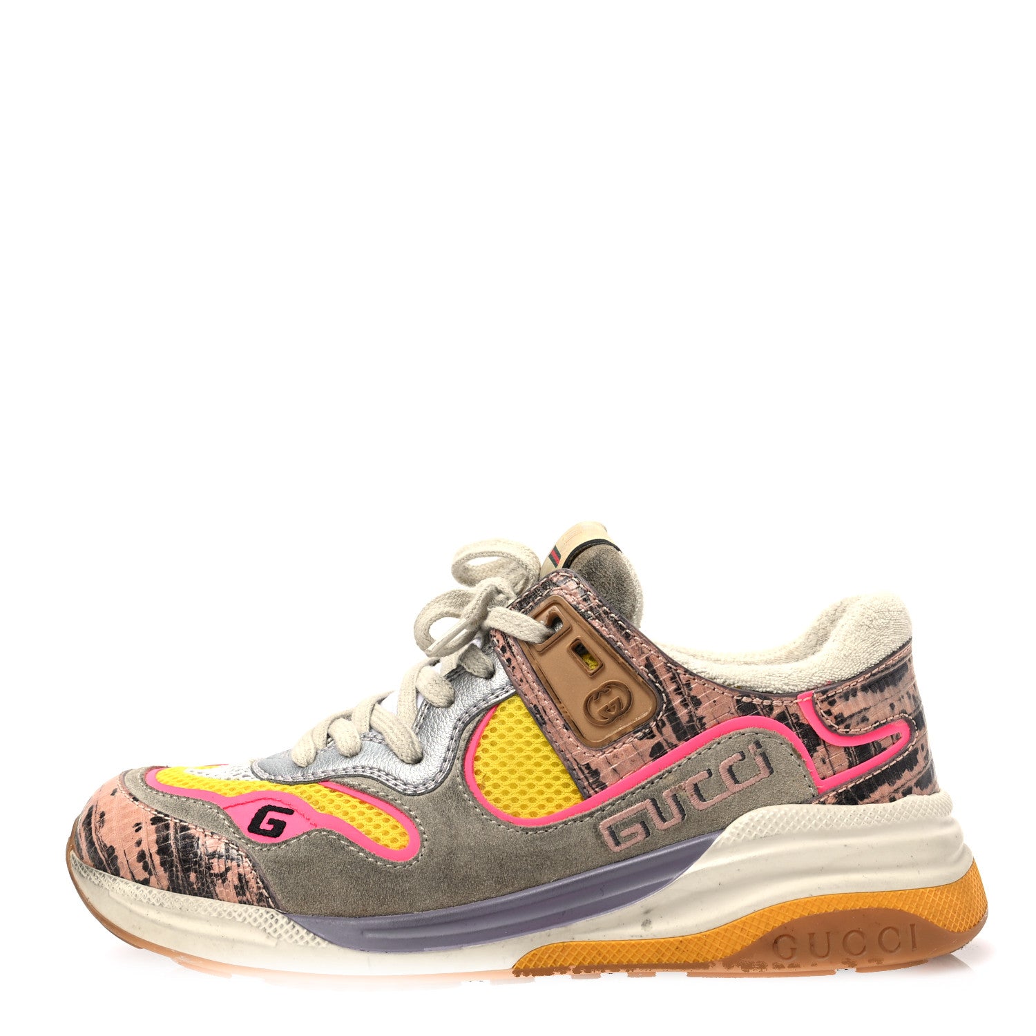 Gucci Suede Calfskin Tejus Printed Womens Ultrapace Sneakers 36.5 Pink Silver Oatmeal Yolk 1 of 7