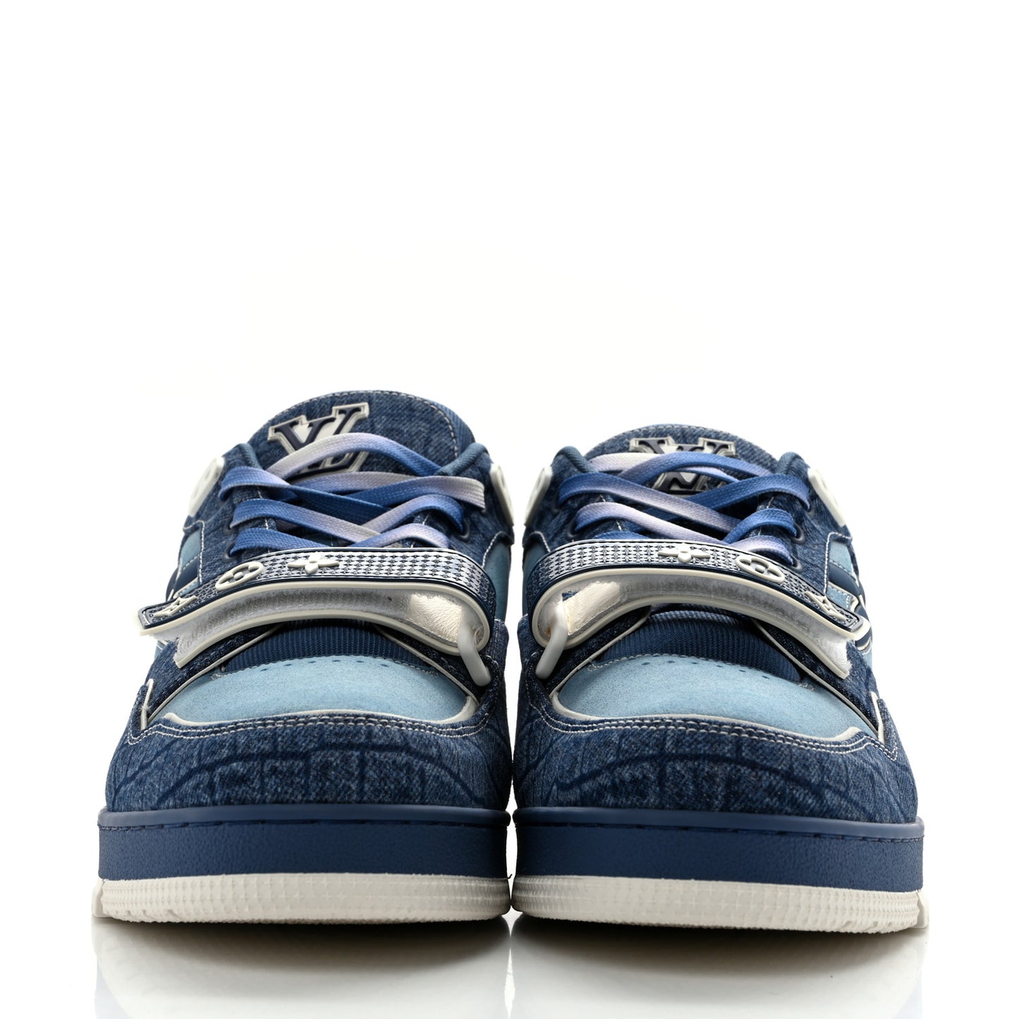 Crocodile Embossed Denim Suede Mens LV Trainer Sneakers 10 Sea Blue