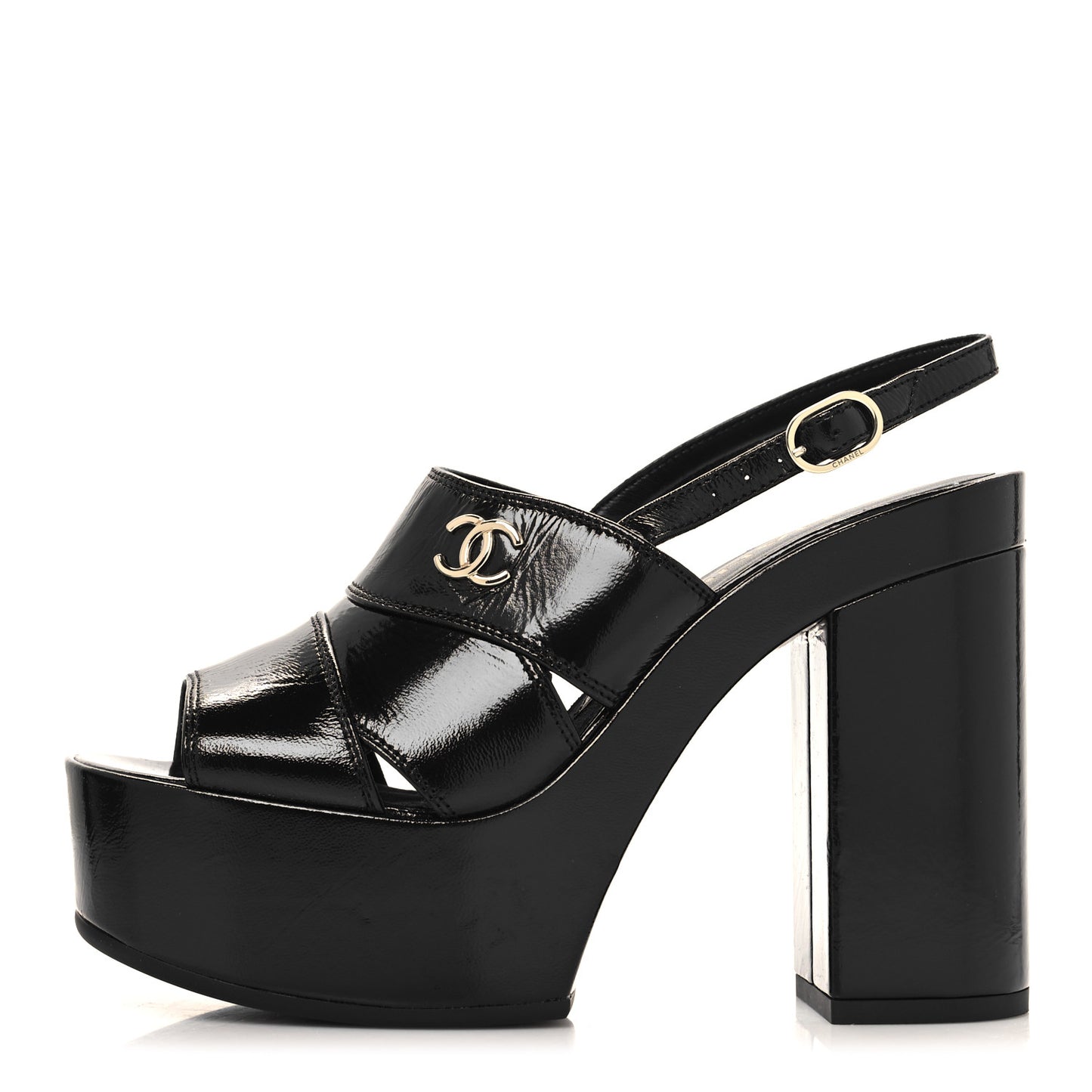 Crumpled Patent Lambskin Platform Sandals 36 Black