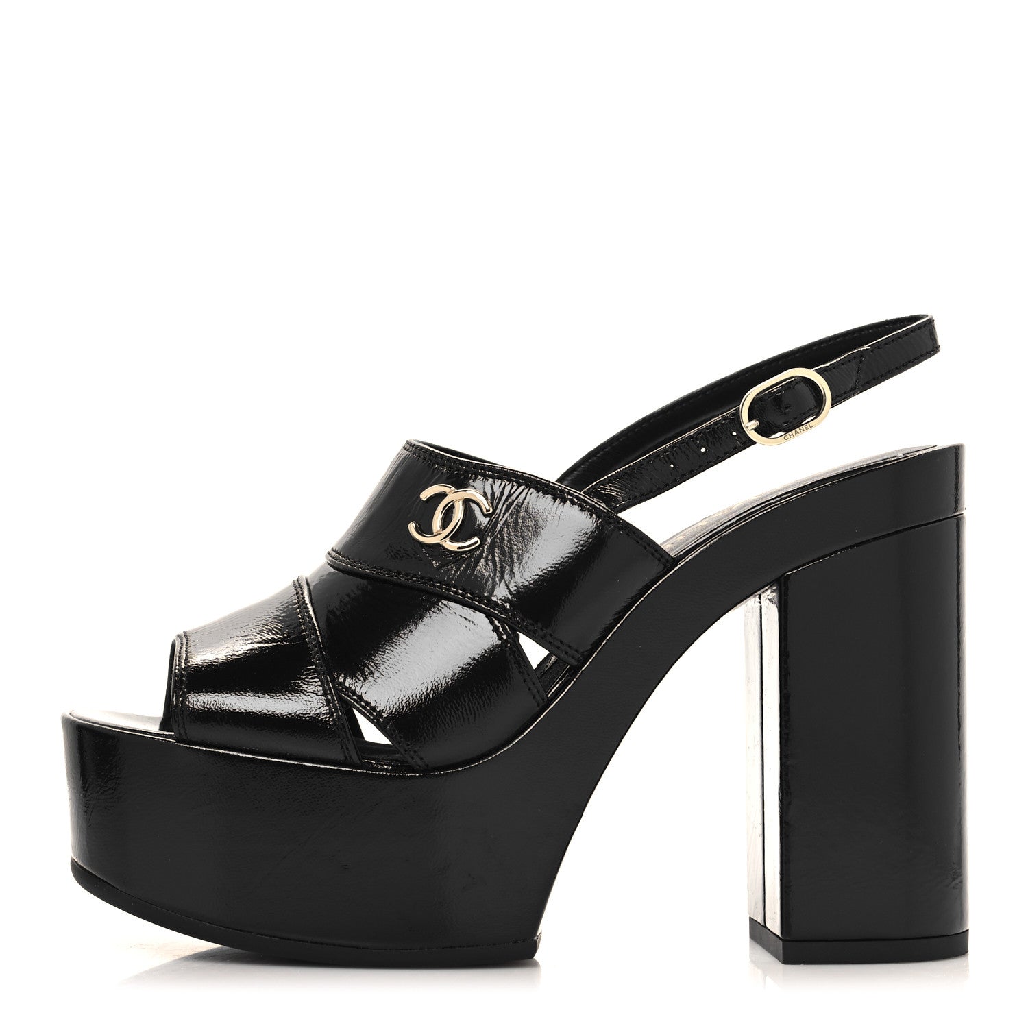 Chanel Crumpled Patent Lambskin Platform Sandals 36 Black 1 of 8