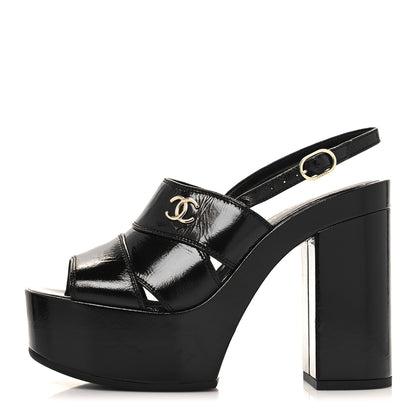 Chanel Crumpled Patent Lambskin Platform Sandals 36 Black 1 of 8