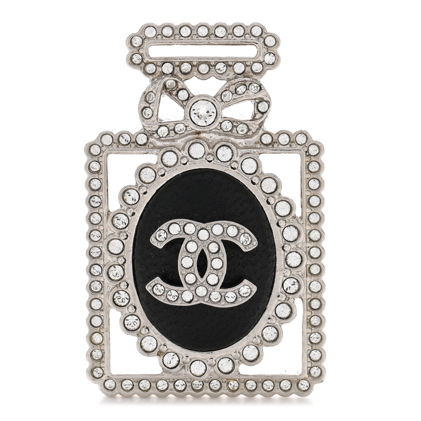 Crystal CC Perfume Bottle Brooch Black Silver
